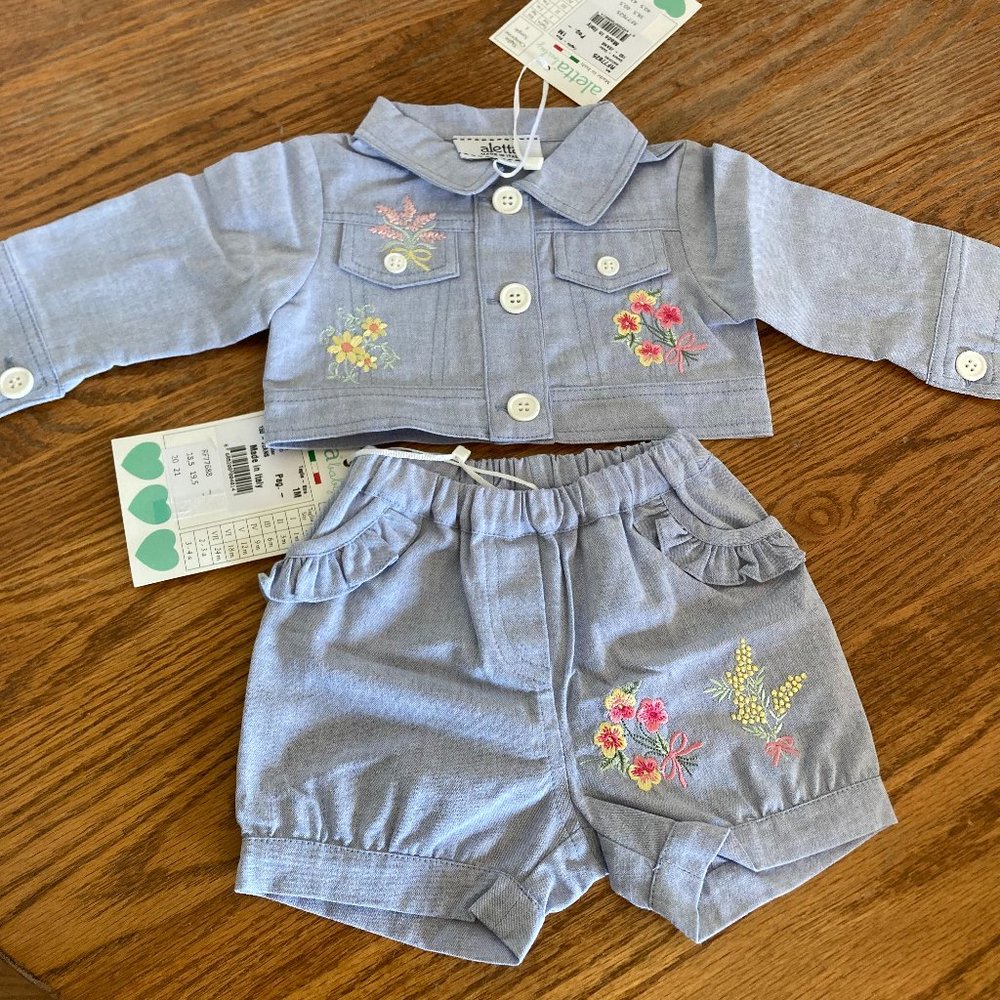 Aletta baby girls 1M (1 month) light denim shorts, button up collared top outfit